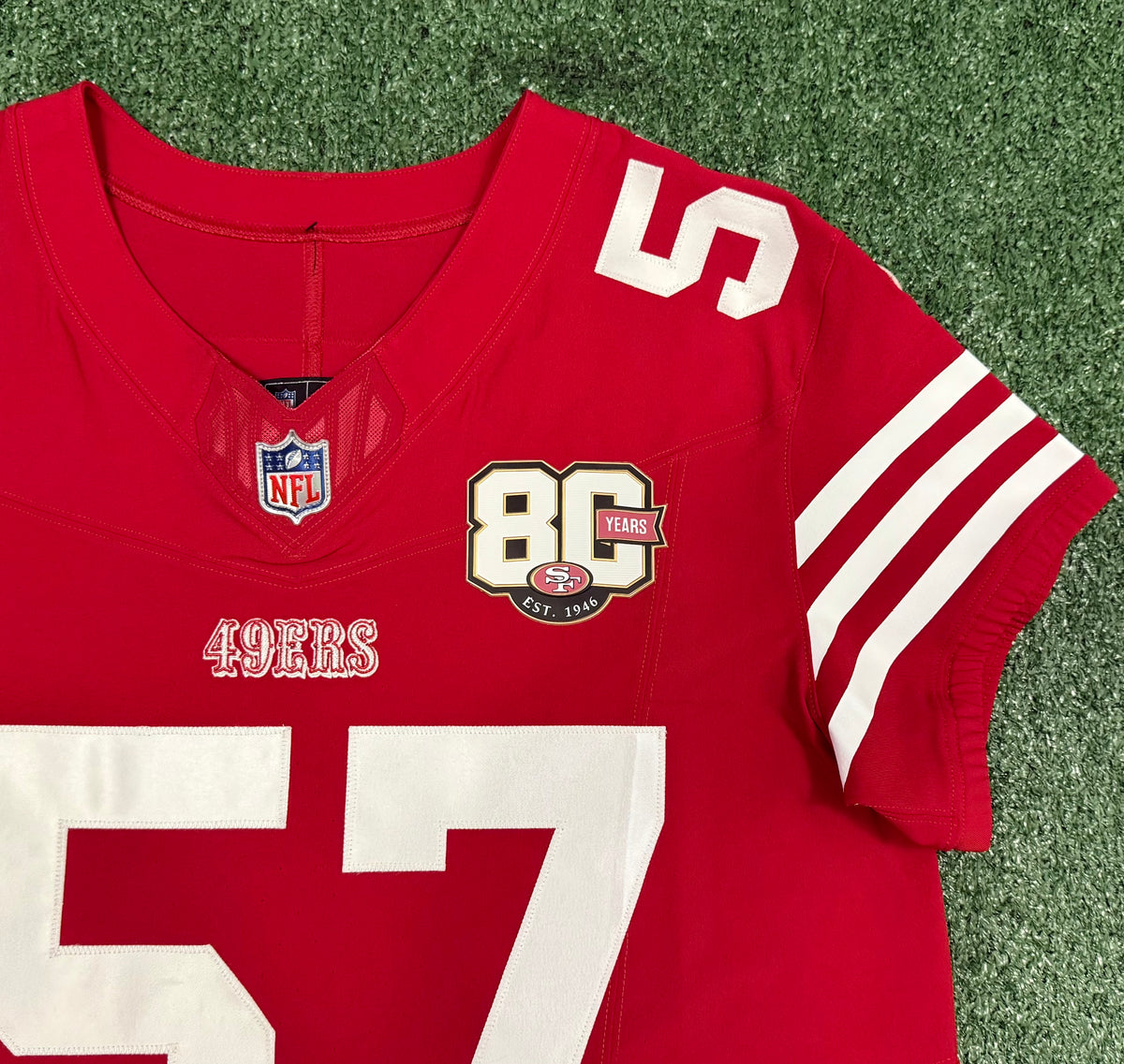 Dre Greenlaw San Francisco 49ers Jersey #57 Nike Vapor FUSE Elite Red Size 44 (Large) NFL