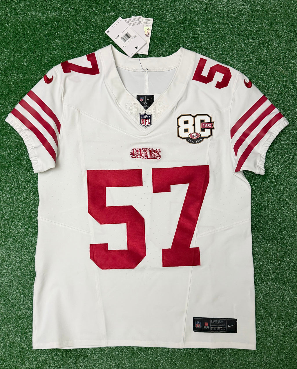 Dre Greenlaw San Francisco 49ers Jersey #57 Nike Vapor FUSE Elite White Size 40 (Medium) NFL