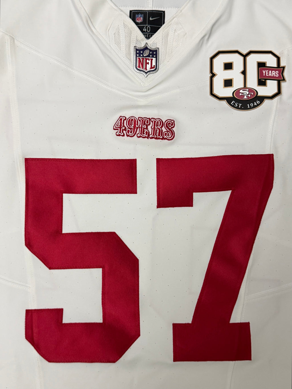 Dre Greenlaw San Francisco 49ers Jersey #57 Nike Vapor FUSE Elite White Size 40 (Medium) NFL