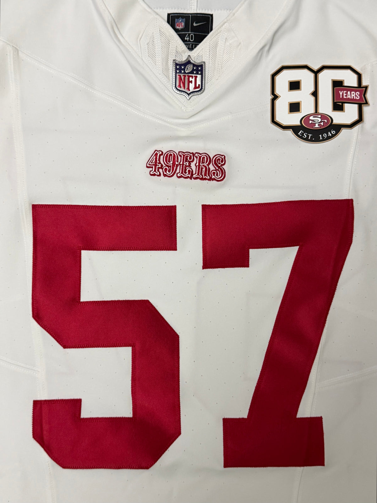 Dre Greenlaw San Francisco 49ers Jersey #57 Nike Vapor FUSE Elite White Size 40 (Medium) NFL