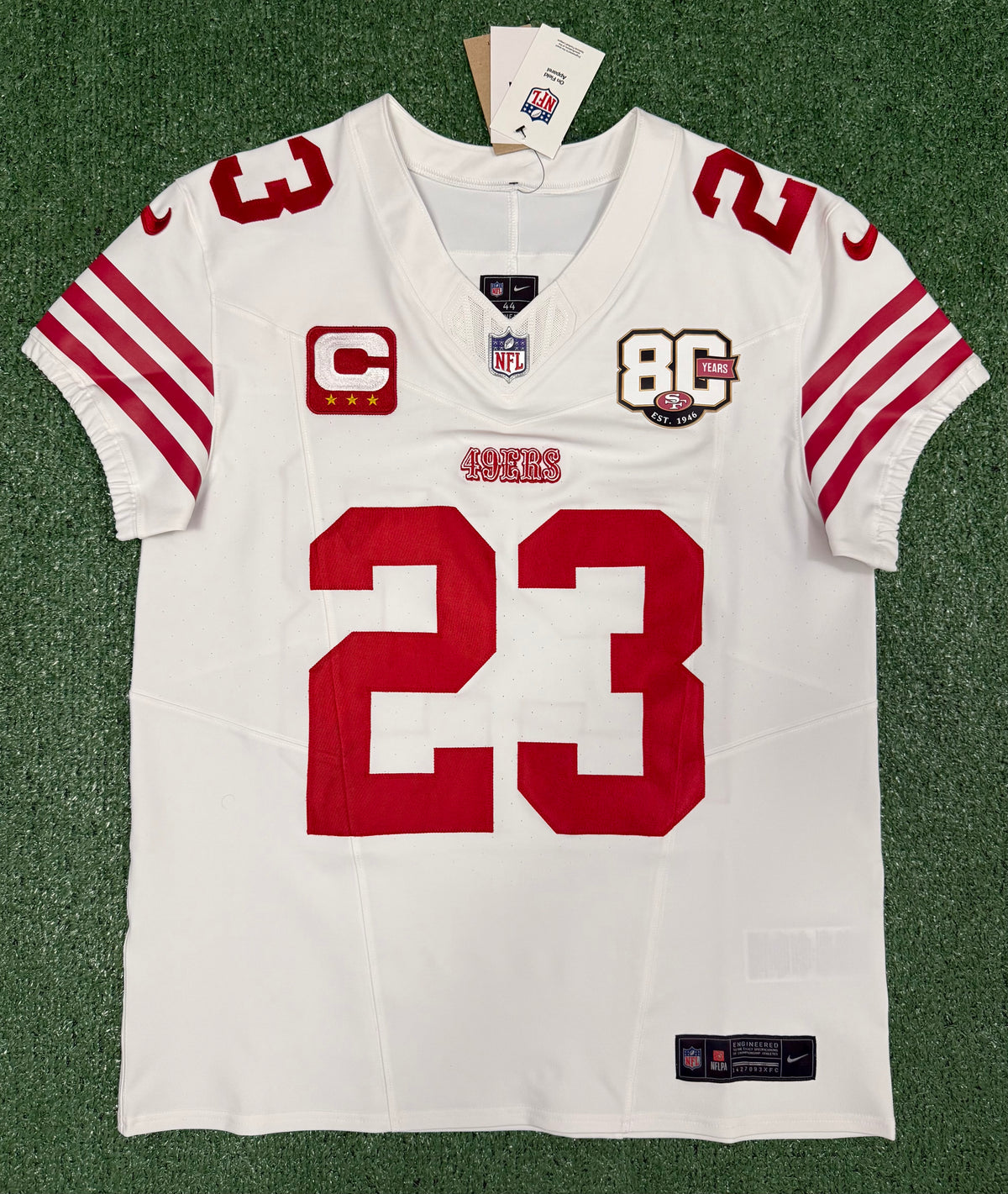 Christian McCaffrey San Francisco 49ers Jersey #23 Nike Vapor FUSE Elite White Size 44 (Large) NFL