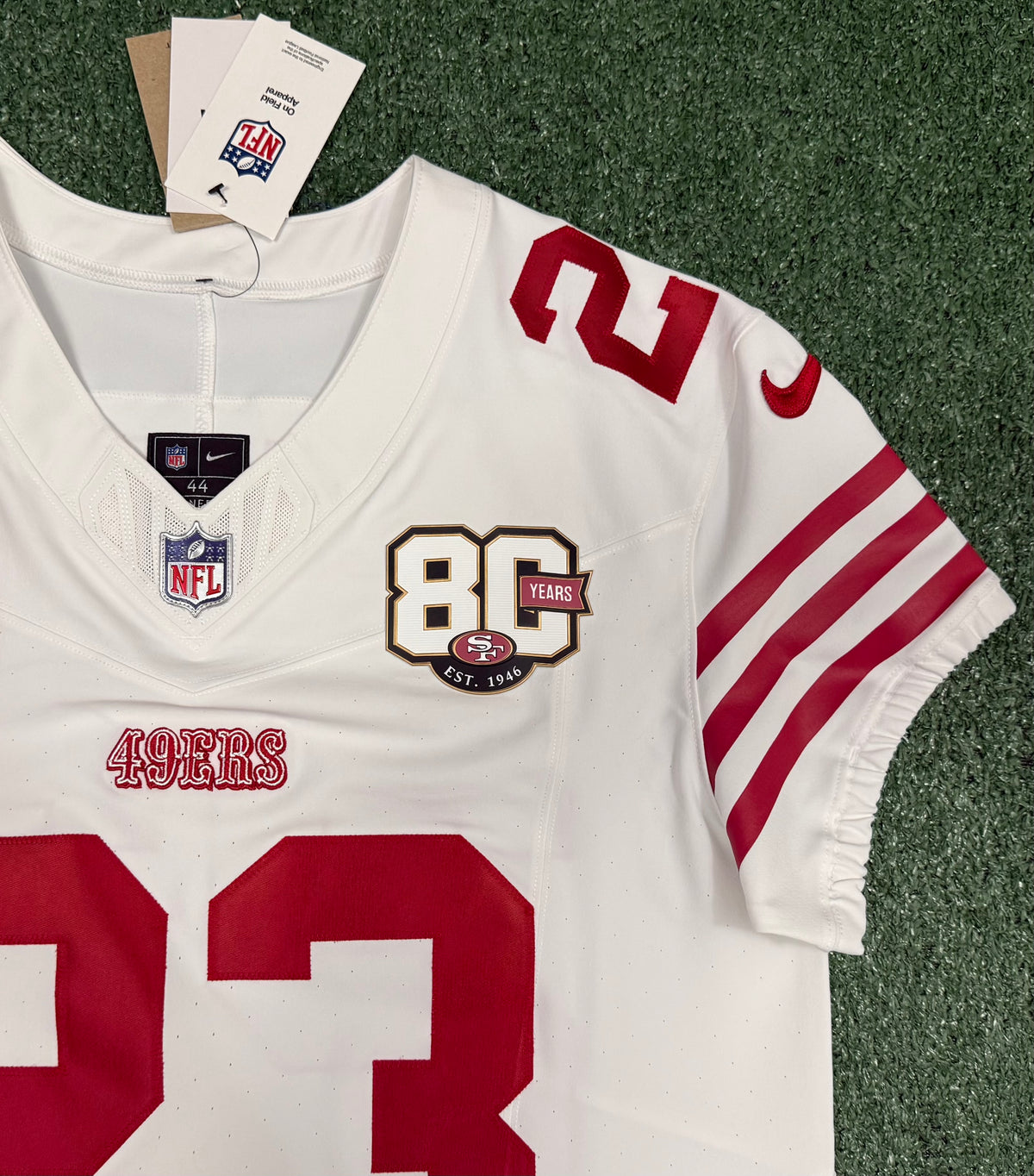 Christian McCaffrey San Francisco 49ers Jersey #23 Nike Vapor FUSE Elite White Size 44 (Large) NFL