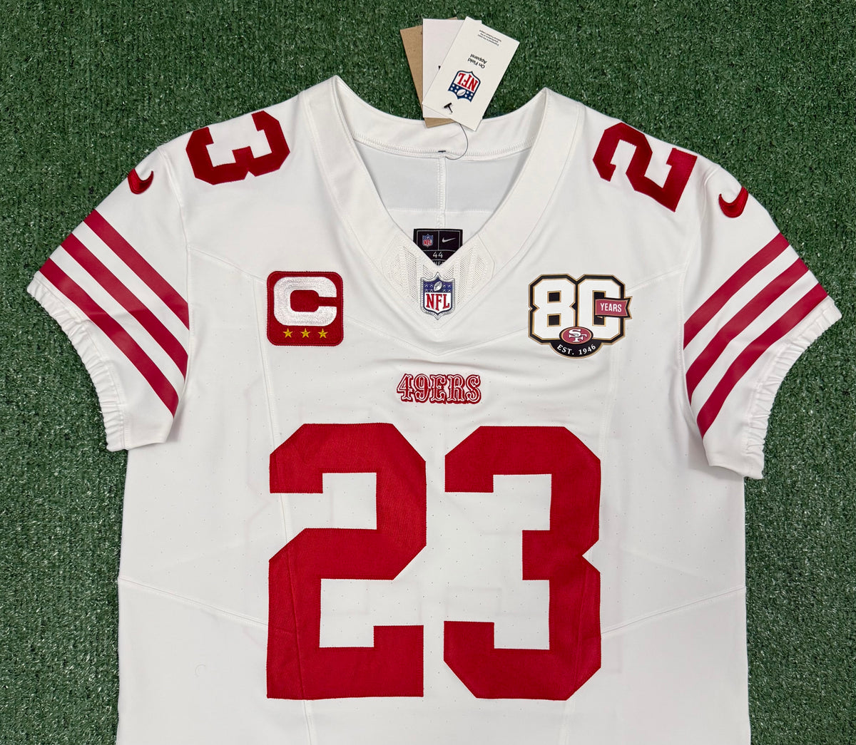 Christian McCaffrey San Francisco 49ers Jersey #23 Nike Vapor FUSE Elite White Size 44 (Large) NFL