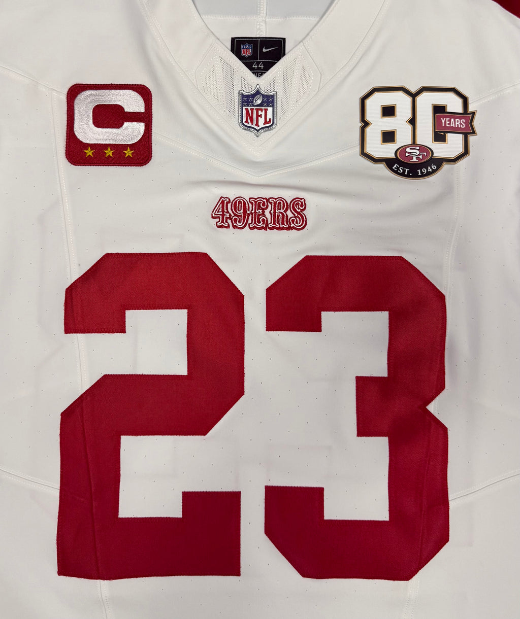 Christian McCaffrey San Francisco 49ers Jersey #23 Nike Vapor FUSE Elite White Size 44 (Large) NFL