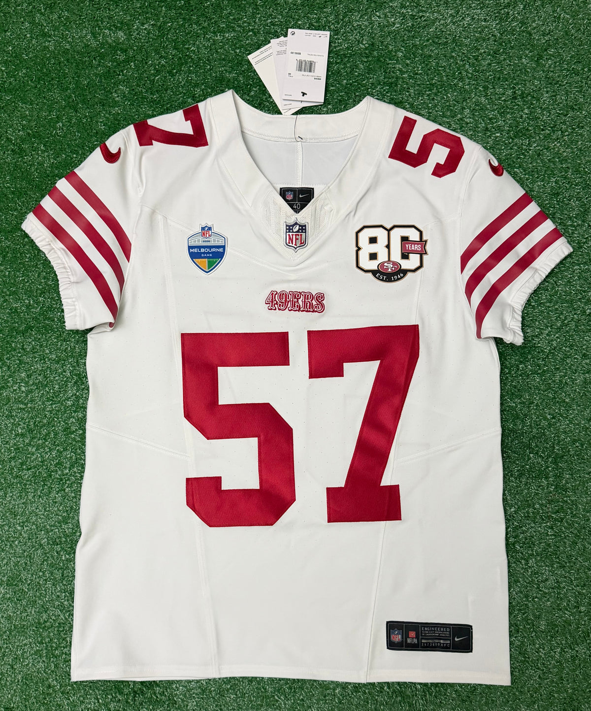 Dre Greenlaw San Francisco 49ers Jersey #57 Nike Vapor FUSE Elite White Size 40 (Medium) NFL