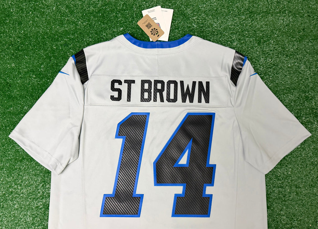 Amon Ra St Brown Detroit Lions Jersey #14 Nike Vapor FUSE Rivalry Gray Size (Large) NFL