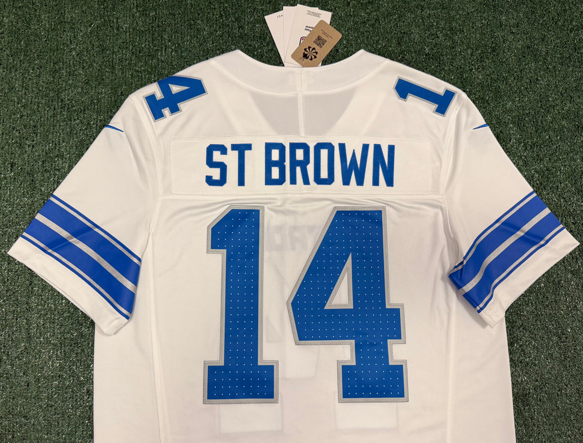 Amon Ra St Brown Detroit Lions Jersey #14 Nike Vapor Fuse Stitched Limited White Size (Large) NFL