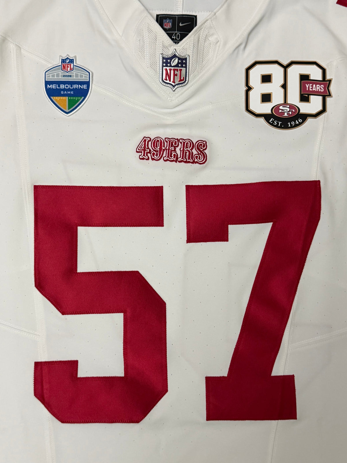 Dre Greenlaw San Francisco 49ers Jersey #57 Nike Vapor FUSE Elite White Size 40 (Medium) NFL