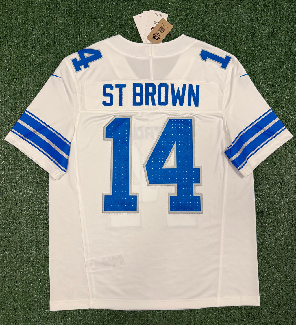 Amon Ra St Brown Detroit Lions Jersey #14 Nike Vapor Fuse Stitched Limited White Size (Large) NFL