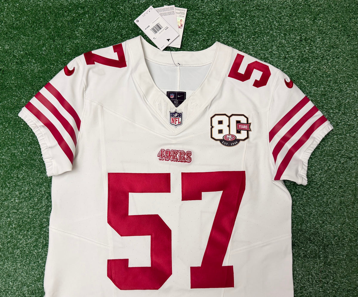 Dre Greenlaw San Francisco 49ers Jersey #57 Nike Vapor FUSE Elite White Size 40 (Medium) NFL