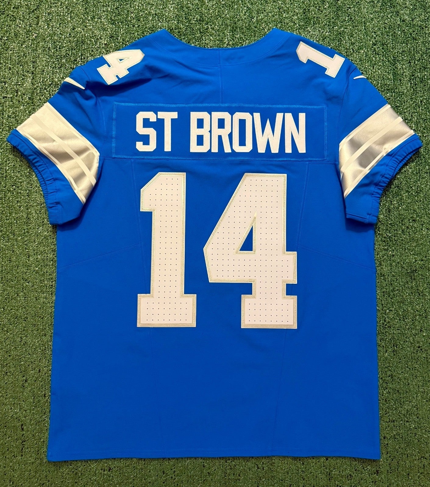 Amon Ra St Brown Detroit Lions Jersey #14 Nike Vapor FUSE Elite Blue Size 44 (Large) NFL